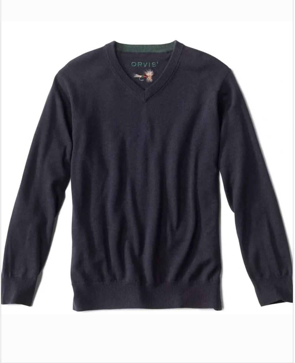 Orvis Dark Navy Blue V-Neck 100% Wool Sweater Men's Medium